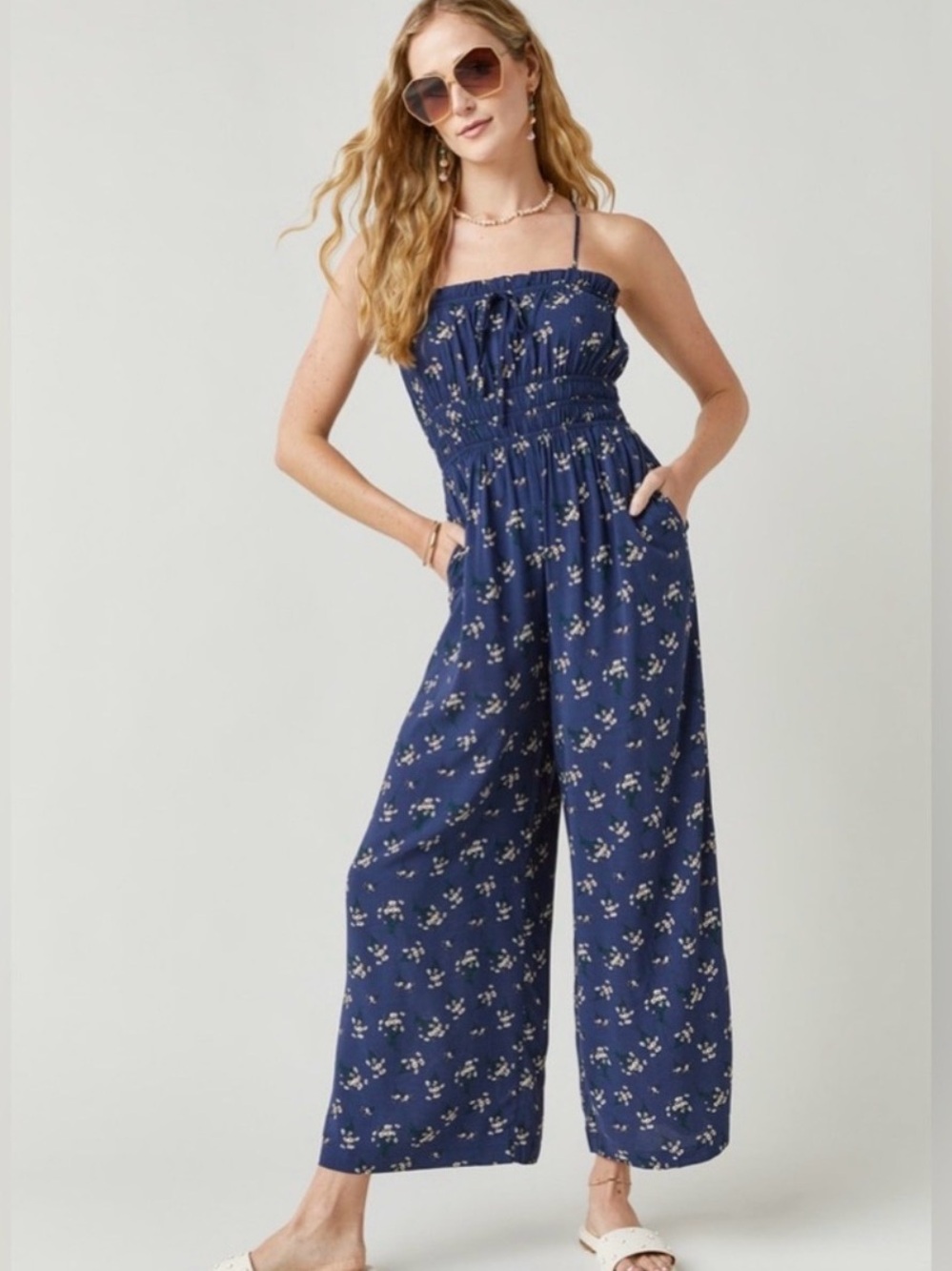 Navy Floral Smocked Wide-Leg Jumpsuit